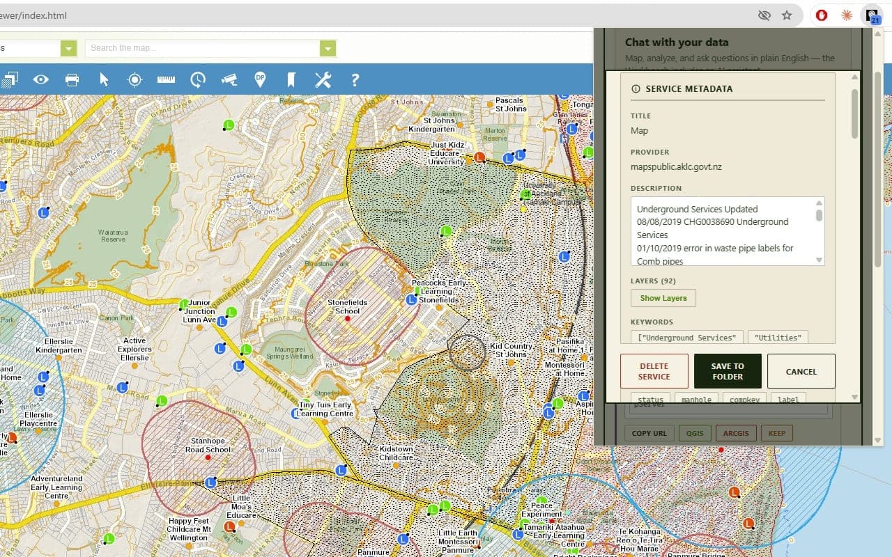 A service metadata panel in the Geo Hound popup showing the title, provider, description, layer count, and keywords for a detected map service, with save and cancel actions.