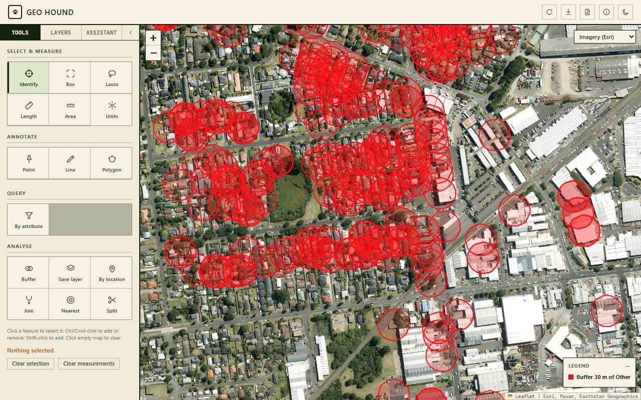 The Geo Hound workbench with the analysis tools open on the left and a buffer result drawn as red rings around features over satellite imagery, labelled in the legend as a thirty-metre buffer.