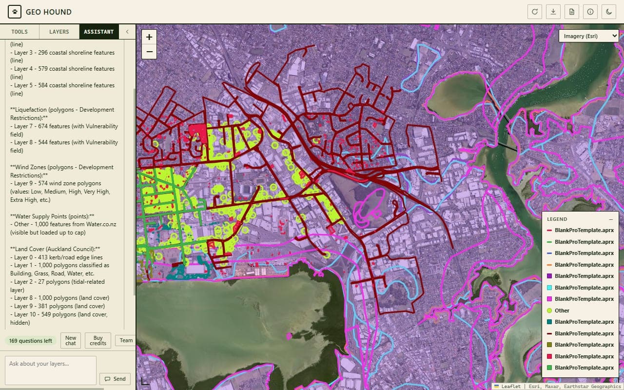 The Geo Hound workbench with several styled council layers drawn over satellite imagery of Auckland, the assistant panel open on the left and a legend on the right.
